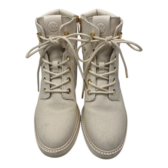 Michael Kors Womens Size 7 Trudy Cream Canvas Lace Up Bootie Boots - Picture 2 of 6